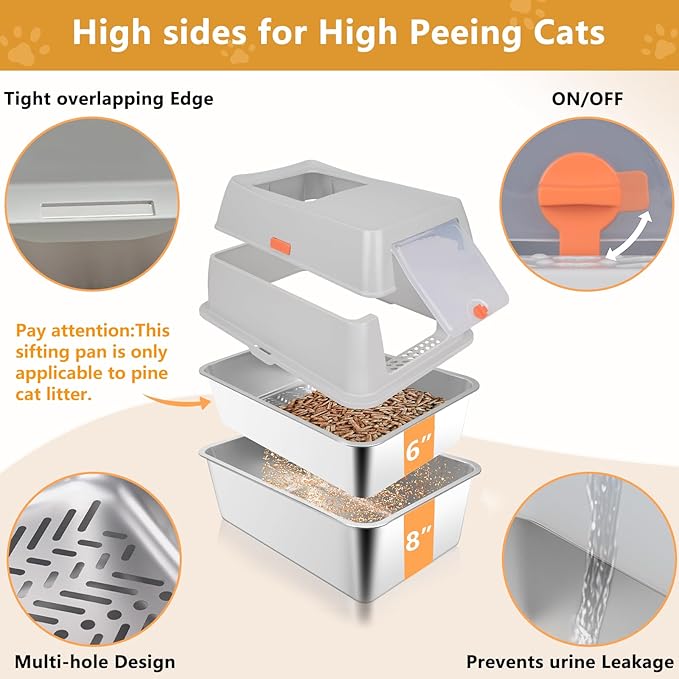 ELEGX Pine Litter Sifting Cat Litter Box, 4-in-1 Cat Metal Litter Box Set,Enclosed Removable Metal Litter Box with Screen Mesh,High Sided Enclosure,Mat & Scoop (Grey)