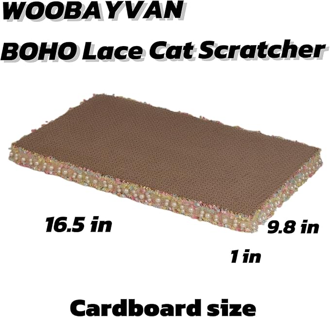Primrose Yellow Cat Scratch Pad, Stylish Boho Lace with Pearl Large Cardboard Cat Scratcher, Cat Scratchers for Indoor Cats, Durable Cat Scratching Board, Horizontal Scratch Pad for Cats