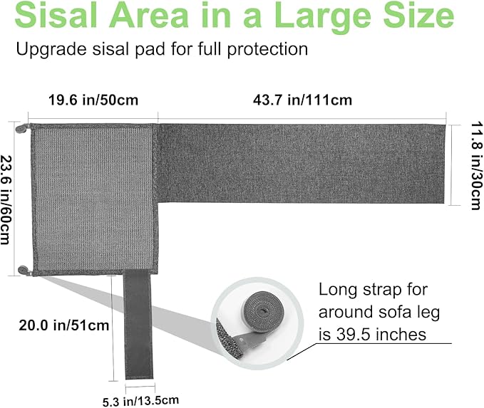 Cat Scratch Couch Protector,23.6L*19.6W inch Scratching Furniture Protector Pad,Cat Scratch Sofa Arm Sheild with Grey Natural Sisal for Protecting Couch Sofa Chair Furniture (Grey/Right Hand)