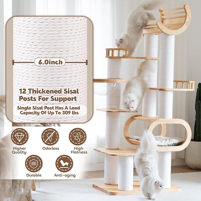 74.8'' Tall Modern Cat Tree for Indoor Large Cats,Luxury Pine Wood Cat Tower for Home Decoration,Multi-Level Huge Cat Furniture with Condo,Clear Bowl,Scratching Posts for Multi-Cat Household