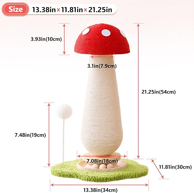 21.5‘’ H Cat Scratching Post with Catnip,Cute Mushroom Cat Scratcher Post with Durable Solid Wood Turntable Toy,Mushroom Shape Design Cat Toy Cat Sisal Scratcher for Indoor Cats (Cloud Base)