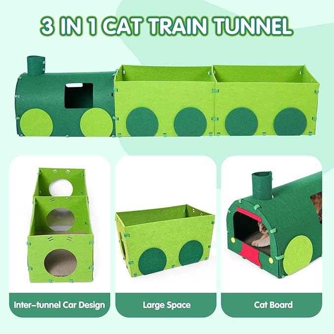 Cat Tunnel Train with Scratching Board, Cat Interactive Toys 51" Non-Foldable Rebound Felt Cute Pet Tube Round Indoor Pet Toy & Hideout for Small Medium Kitten