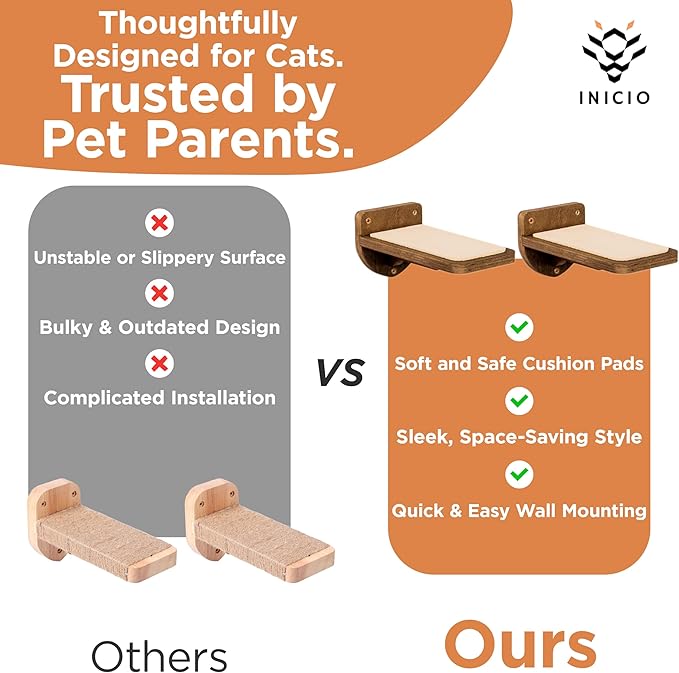 INICIO Cat Wall Stairs - Set of 3 Wall Steps for Cats to Climb with Fixtures, 9.3"x4.7" - Floating Steps for Climbing or Playing - for Kittens and Adult Cats, Dark Brown