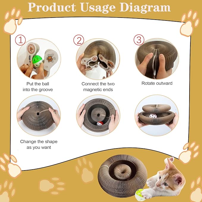 Kitty Curls Cat Toy Set, Magic Accordion Interactive Scratching Board with Bell Ball, Claw-Grinding Cat Scratching Board, Recyclable and Durable