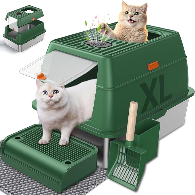 Stainless Steel Litter Box with Lid, Cat Litter Box Enclosure XL Odor-Proof with Litter Mat, Covered Litter Box Rust-Resistant Durable for Big Cat, Easy Clean 37L Capacity (Green)