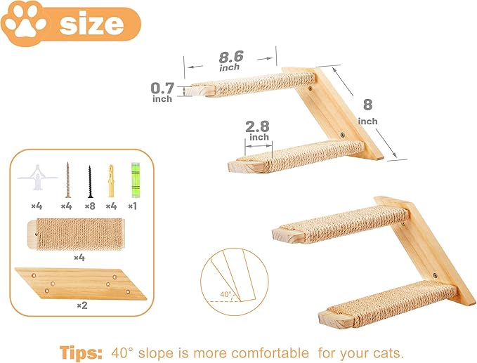 Cat Wall Steps 2-Pack, Two Step Cat Climbing Shelves, Wall-Mounted Reversible Stairway with Durable Sisal Scratching Rope, Ideal for Perching, Climbing, and Playing Furniture