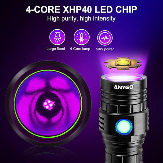 365nm Black Light Flashlight with Black Filter, 50W Rechargeable UV Flashlight, Ultraviolet Bright UV Led Torch for Pet Urine & Bed Bug Detector, Scorpions, Dry Stains, Ore and Jade (365 nM)