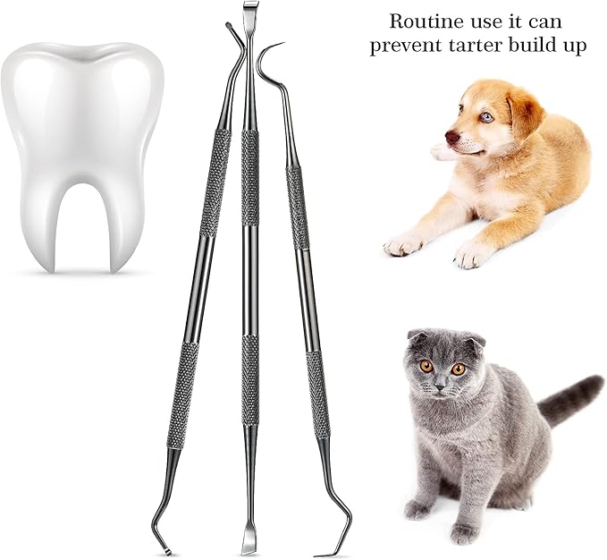 Hotop 3 Pieces Dog Dental Tooth Scaler and Scraper Stainless Double Headed Tarter Removing Tool Scraper Pet Teeth Cleaning Tools for Dog and Cat