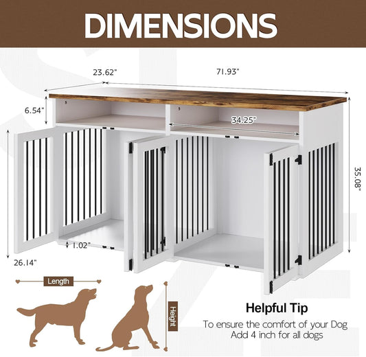 72'' Dog Crate Furniture for 2 Dogs, Wooden Dog Cage with Storage Compartment, Indoor Dog Kennel with 4 Doors for Large/Medium Dogs, White