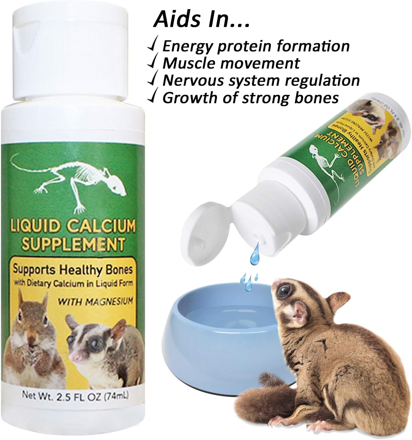 Liquid Calcium Supplement 2 oz. - Supports Healthy Bones & Prevents Calcium Deficiencies - for Sugar Gliders, Opossums, Squirrels, Reptiles & Other Small Pets