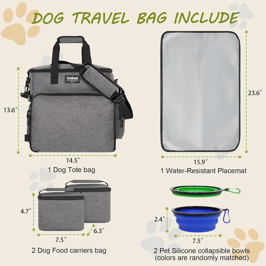 Dog Travel Bag Airline Approved–Pet Travel Tote with Collapsible Bowls,Food Containers & Feeding Mat–Multi-Pocket Organizer for Dogs & Cats, Durable & Water-Resistant for Hiking,Trips,Outdoors