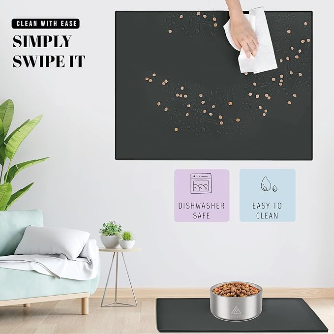 AVERYDAY 18x10'' Silicone Dog Mat for Food and Water, 0.63'' Edge Dog Food Bowl Mats for Floor Waterproof, Dogs Water Mat for Sloppy Drinker, Non Slip Rubber Pet Feeding Mats for Indoor Dogs and Cats