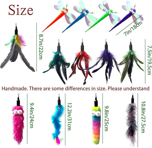 Cat Worm & Dragonfly Teaser Wand Attachments - 13 Pcs Assorted Refills with Bell