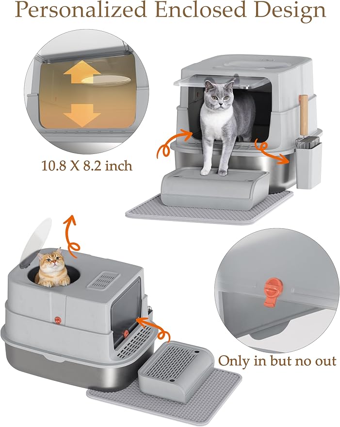 Stainless Steel Litter Box with Lid, Extra Large Enclosed Cat Litter Box for Big Cats, Anti-Leakage Metal Kitty Box with High Sided Enclosure, Scoop, Pedal & Non-Slip Mat, Easy to Clean