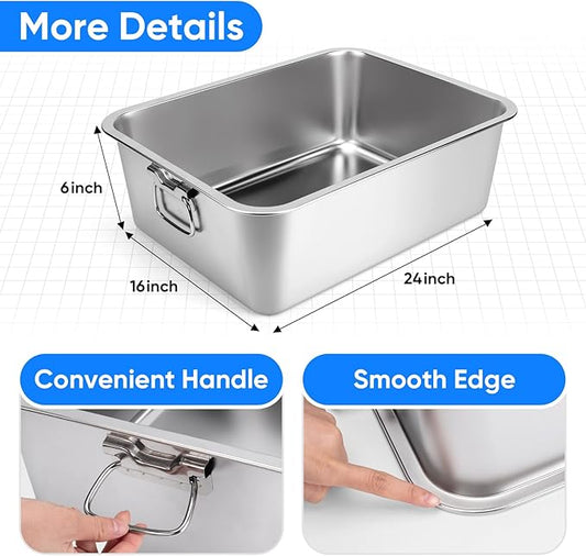 Stainless Steel Litter Box with Handle for Cat and Rabbit, 24" L x 16" W x 6" H, Odor Control Litter Pan, Fold-able Feeding Plate, Non Stick Smooth Surface