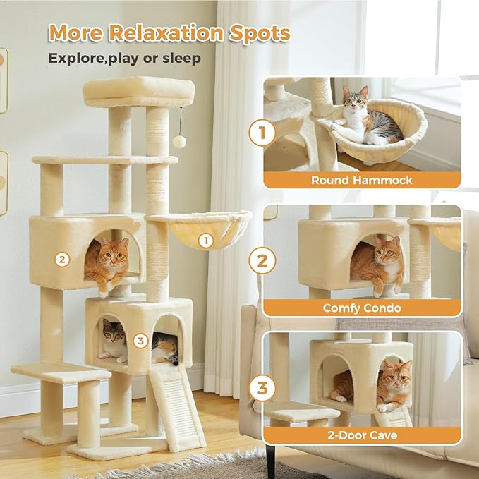 PAWZ Road Cat Tree, 51.6 Inches Cat Tower with Dual Condos, Spacious Perch, Cozy Basket and Sisal-Covered Scratching Posts for Small Cat and Kittens- Beige