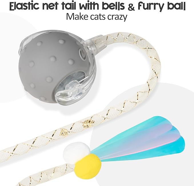 Interactive Cat Toys Ball for Indoor Cats, Automatic Moving Ball Toy with Elastic Mesh Tail, Chirping & Obstacle Avoidance and Motion Activated, Grey【Rechargeable】