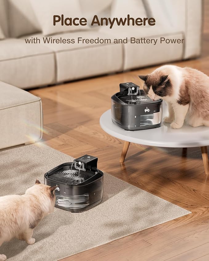 Wireless Cat Water Fountain, 108oz/3.2L Cat Water Fountain Battery Operated with 3 Modes, 5000mAh Battery, Ultra Quiet Motion Sensor Pet for Cats, Bright Black