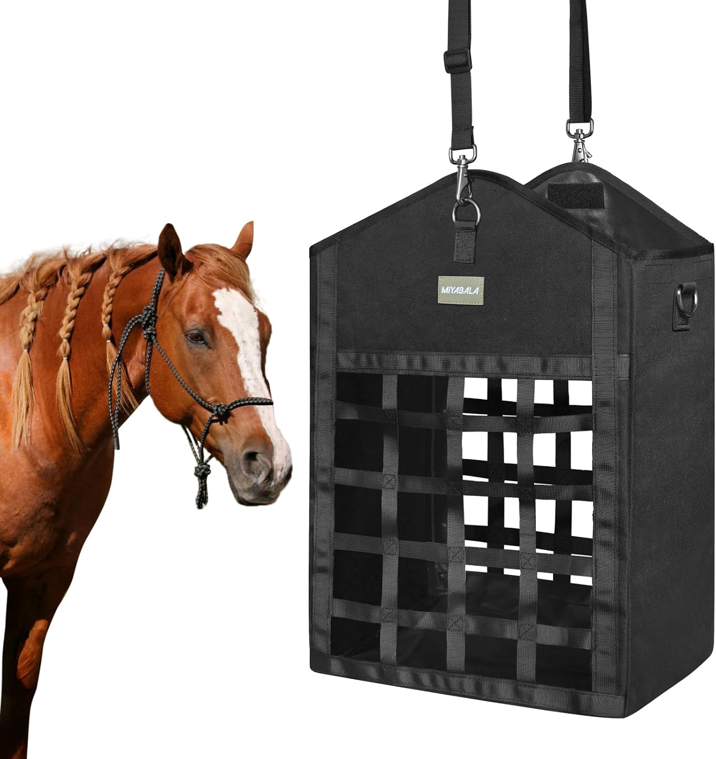 Hay Bags for Horses,Two-Sided Premium Oxford Slow Feed Hay Bags for Goats,Sheep,Donkey,Large Top Opening with Hook-and-Loop Seals,Easy to Hang with Adjustable Strap (Black, Large 1 Pack)