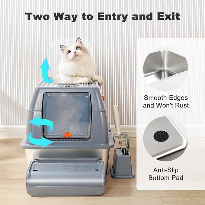 Stainless Steel Metal Cat Litter Box Large Enclosed with Lid, Dog Proof Jumbo Hooded High Sides for Big Cats, Indoor Multi Cat Use - Deep Design & No Smell