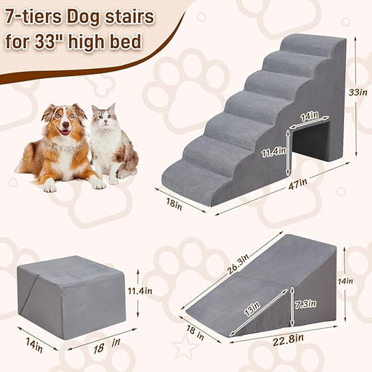 Dog Stairs & Steps for High Beds 30-36 inches High Tall, LitaiL 33inch 7 Steps Pet Stairs/Steps for High Beds Small Large Dogs, Non-Slip Dog Ramps/Ladder for Old Dogs/Cats