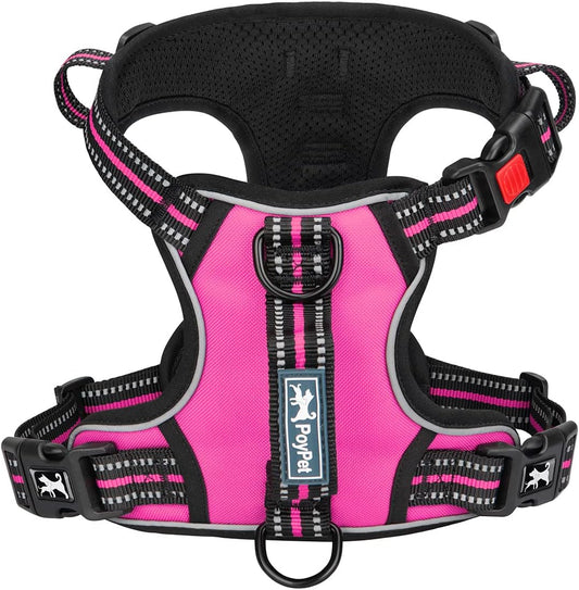 PoyPet No Pull Dog Harness, No Choke Front Clip Reflective Dog Vest with Soft Padded Vertical Handle, 3 Leash Attachments for Small Medium Large Dogs (Pink,L)