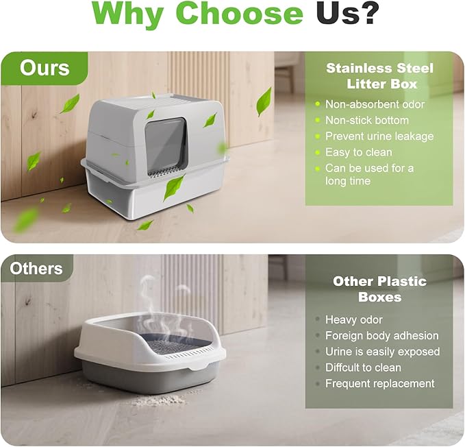 XL Stainless Steel Litter Box with Lid, Extra Large Enclosed Cat Litter Box for Big Cats, High Sided for No-Mess & Odor Control, Easy Clean Metal Pan with Scoop(Grey)