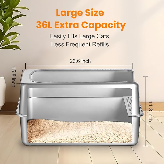 Stainless Steel Litter Box with Metal Lid and Scoop - Enclosed Metal Litter Box for Large Cats, Rust-Resistant, Odor-Control, Easy to Clean, Durable & Long-Lasting with Round Edge (XL)