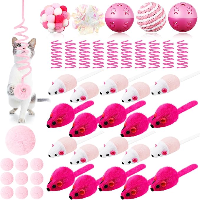 46 Pcs Cat Toys Set Interactive Cute Cat Toys Include Fur Mice Rattle Springs Crinkle Balls Pompom Bell Sisal Ball Puzzle Chase Toys for Kitten Indoor Stuff Gift(Pink)