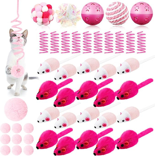 46 Pcs Cat Toys Set Interactive Cute Cat Toys Include Fur Mice Rattle Springs Crinkle Balls Pompom Bell Sisal Ball Puzzle Chase Toys for Kitten Indoor Stuff Gift(Pink)