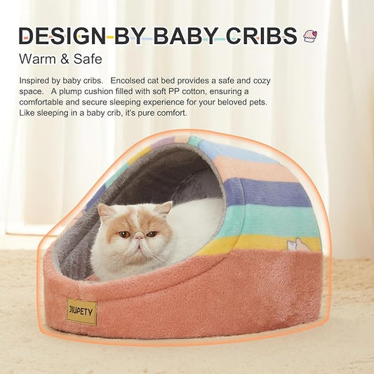 Jiupety Cute Cat Beds for Indoor Cats, Cat Cave Bed for Kittens, Hideaway Cat House & Tent with Anti-Slip Bottom, Washable Removable Cushion, M(16"x16"x13"), Rainbow