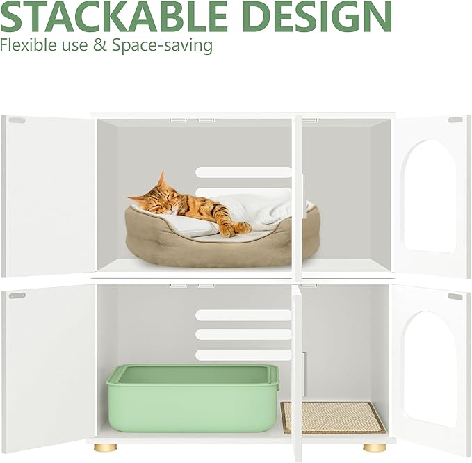 Cat Litter Box Enclosure Furniture, Modern Stackable Litter Box Cabinet with Cat Scratch Mat, Side Table (White)
