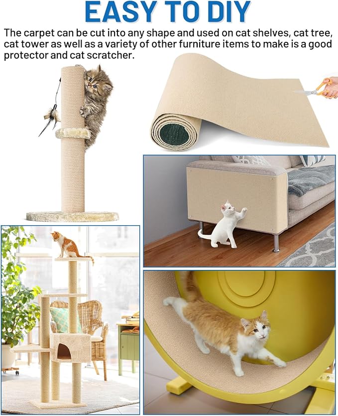 Cat Scratch Couch Furniture Protector, 78.7" x 15.8" Self-Adhesive Cat Scratch Mats, Trimmable DIY Cat Scratcher Pads for Wall, Couch Corner, Cat Tower and Replacement Pads (Khaki)