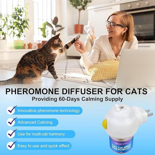 Cat Calming Diffuser Kit for Cat Anxiety Relief, 3-in-1 Cat Pheromone Diffuser Kit with 1 Diffuser +2 Refill 48ml Vial for 60-Day Use, Reduces Separation Anxiety, Aggression, and Stress