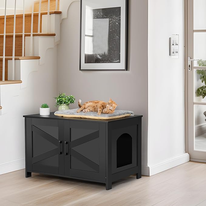 Homhedy Cat Litter Box Enclosure, Wooden Cat Washroom Furniture with Barn Door, Pet House, Fit Most of Litter Box, Black