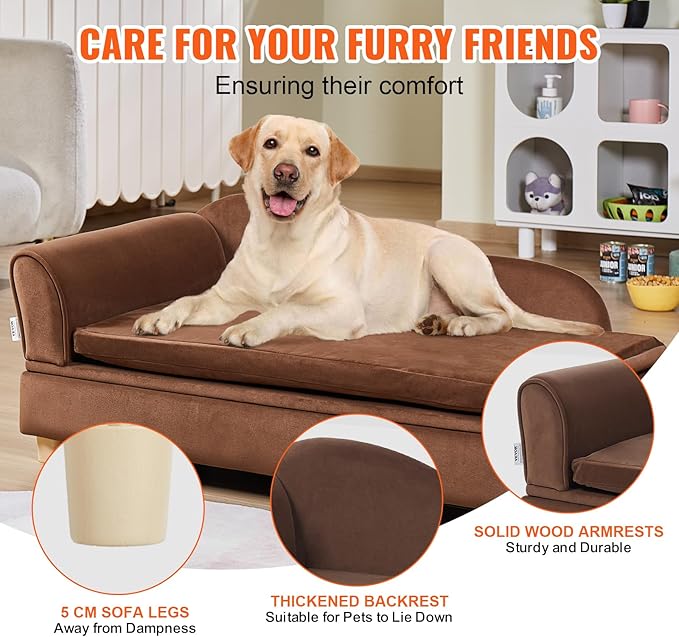 VEVOR Large Dog Couch Sofa Bed for Small Dogs and Cats, Soft Velvety Pet Sofa Bed, 60 lbs Loading Cat Sofa, Dark Brown