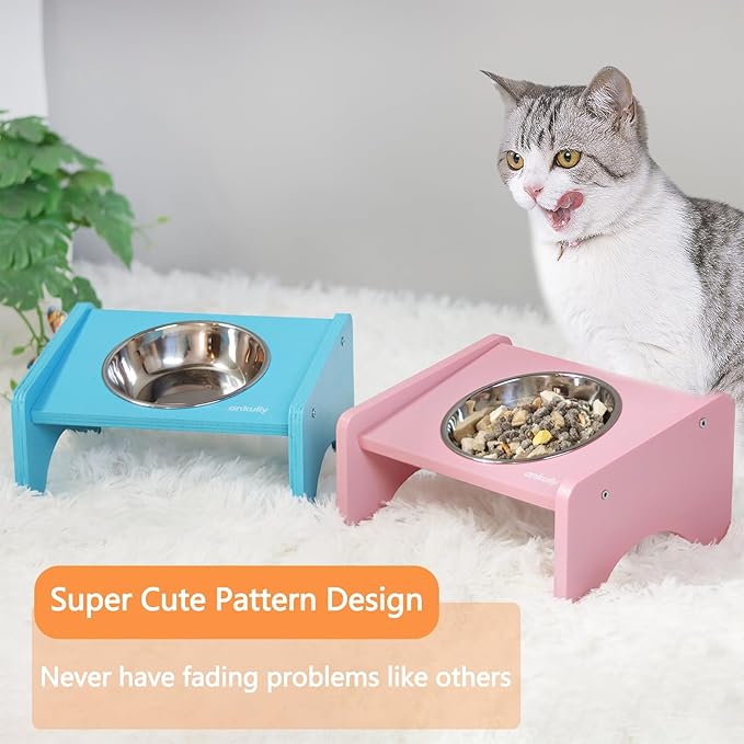 Elevated Cat Bowls,2 Stainless Steel Pet Food Water Feeder,15°Tilted Raised Pet Dish, Slanted Dog Bowl with Wood Stand for Kitty and Puppy,Wide 5.51" (Blue)
