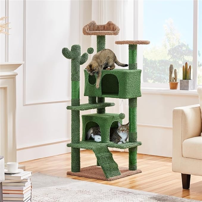 Yaheetech Cactus Cat Tree, 54.5in Tower w/Ramp, Animal-Ear Shaped Perch, Scratching Posts, Platform & Hanging Ball, Multi-Level Condo for Indoor Kittens, Green/Brown