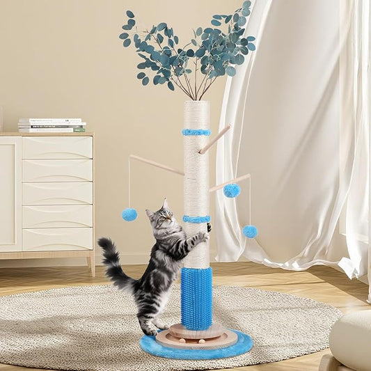 EMUST 45" Tall Cat Scratching Posts for Indoor Cats, Large Bold Ocean- Themed Cat Scratcher Post with Sturdy Solid Wood Base Self Groomer Brush for Kittens Adults Cats Protect Your Furniture