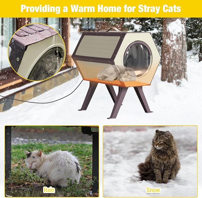 Heated Cat House for Outdoor Winter,Combined Cat Condo with Adjustable Temperature and Time， Insulated Outdoor or Indoor Cat Shelter for Feral with Escape Door (White and Brown, 1 Set)