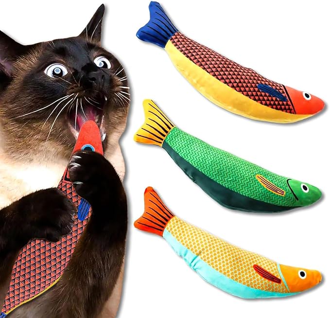 Fish-Shaped Cat Toys – Soft Plush Chew Toys for Indoor Cats, Durable Kicker Toys for Interactive Play, Promotes Exercise and Mental Stimulation – 3 Pack
