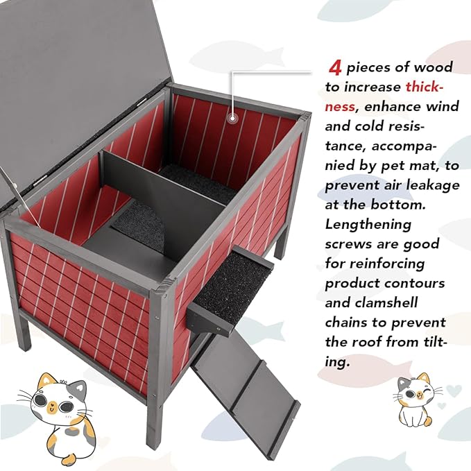 WAYTRIM Outdoor Cat House, Large Feral Outdoor Cat Shelter Insulated Weatherproof with Mat and Hidden Stair All-Round Wood for Multiple Cats 34.5" L*21.5" W*27.2" H