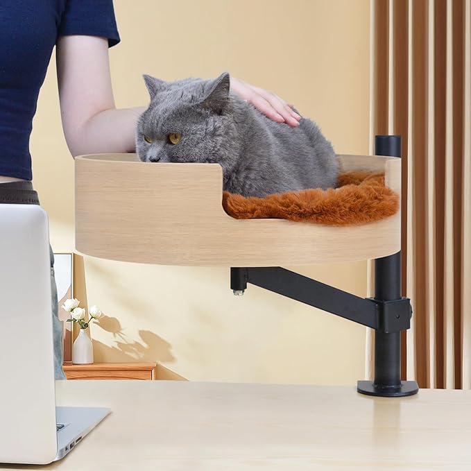 Cat Bed Desk with Pet Mat, Cat Hammock for Desk, ZBUQ Cat Bed Desk with Wooden Bowl, 360° Rotation and Adjustable Height, Light Brown