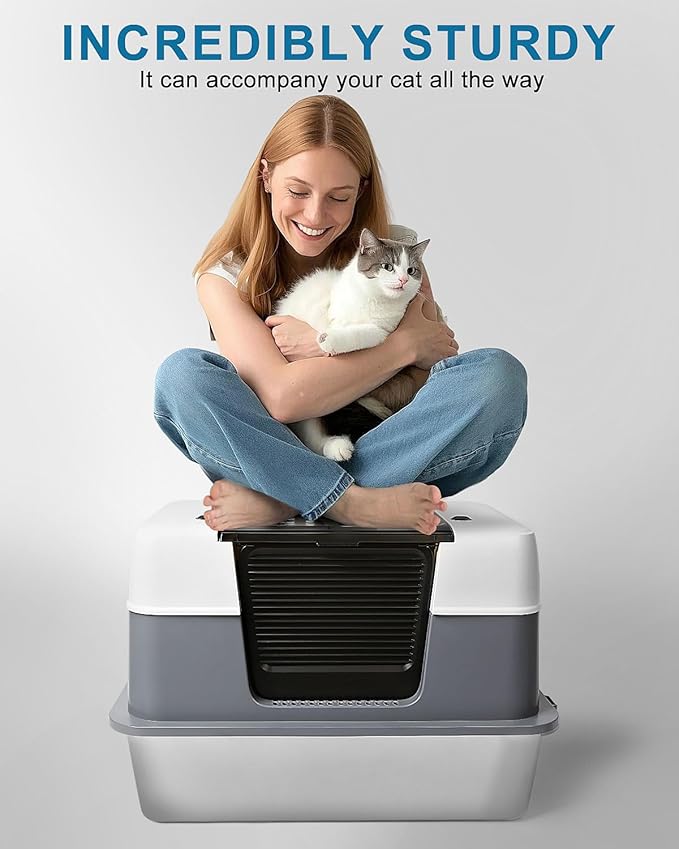 Stainless Steel Cat Litter Box Enclosed with Lid，Covered Metal Kitty Litter Box with Litter Mat and Odor Reduction Pack(2kg), Metal Scoop，Switchable Design, Easy Clean，Odor-Control, Leak-Proof