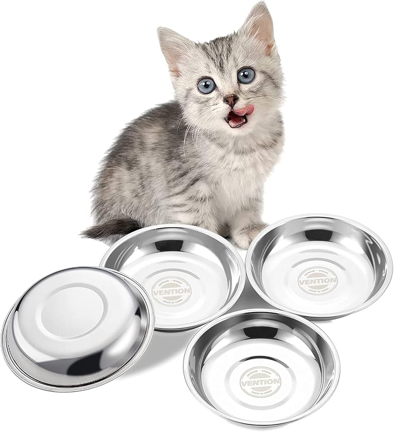 VENTION Small Shallow Cat Food Bowls, Outer Dia. 6.6 in Whisker Fatigue Cat Bowl, Stainless Steel Cat Food Dish for Indoor Cats, Set of 4 Replacement Cat Bowls for Raised Station(15.2 Fl.oz)