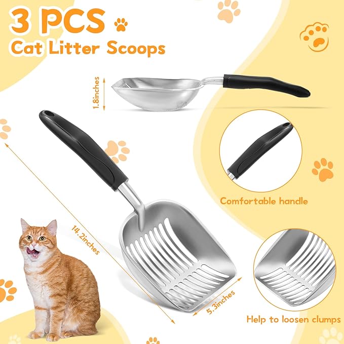 Lallisa 3 Set 201 Stainless Steel Cat Litter Box Set with Handle and Scooper (23.6" x 15.7" x 7.9") Large Nonstick Metal Litter Pan Box for Large Cats Nonstick Never Absorbs Odor