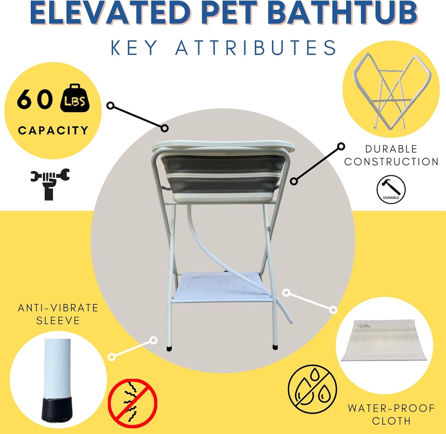 Collapsible Elevated Pet Bathtub, Foldable Washing Station for Small to Medium Dogs and Cats, Portable Pet Shower and Grooming Stand for Indoor and Outdoor Use
