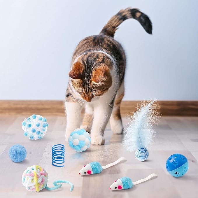 MALLMALL6 10Pcs Cat Toy Set Including Cat Springs Feather Teaser Wand Mice Crinkle Balls and Pet Bell Balls, Puzzle Interactive Pet Gift Pack Toys for Indoor Kitten (Blue)