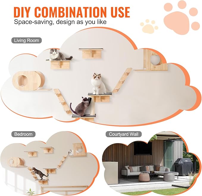VEVOR Wall Mounted Cat Shelves, Perches with Jumping Boards,Hammocks & Cat Tree, Cat Furniture and Shelves up to 40 lbs for Sleeping, Playing, Climbing, Set of 7
