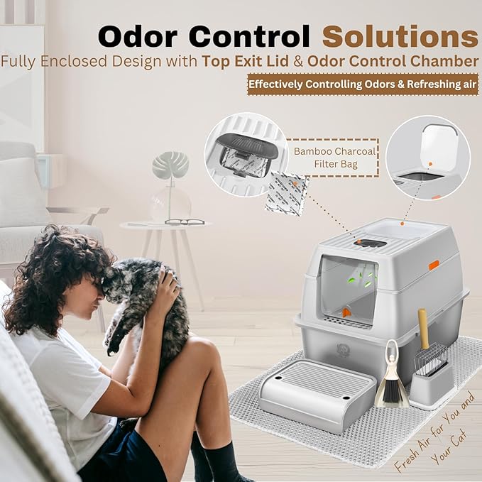 Fully Enclosed XXL Stainless Steel Litter Box with Lid, 8” Deep Pan, Large Stainless Steel Cat Litter Box for Big Cat with Scoop, Step Board, Mat, Brush, Odor-Free, Anti-Leak, Non-Stick (Light Gray)